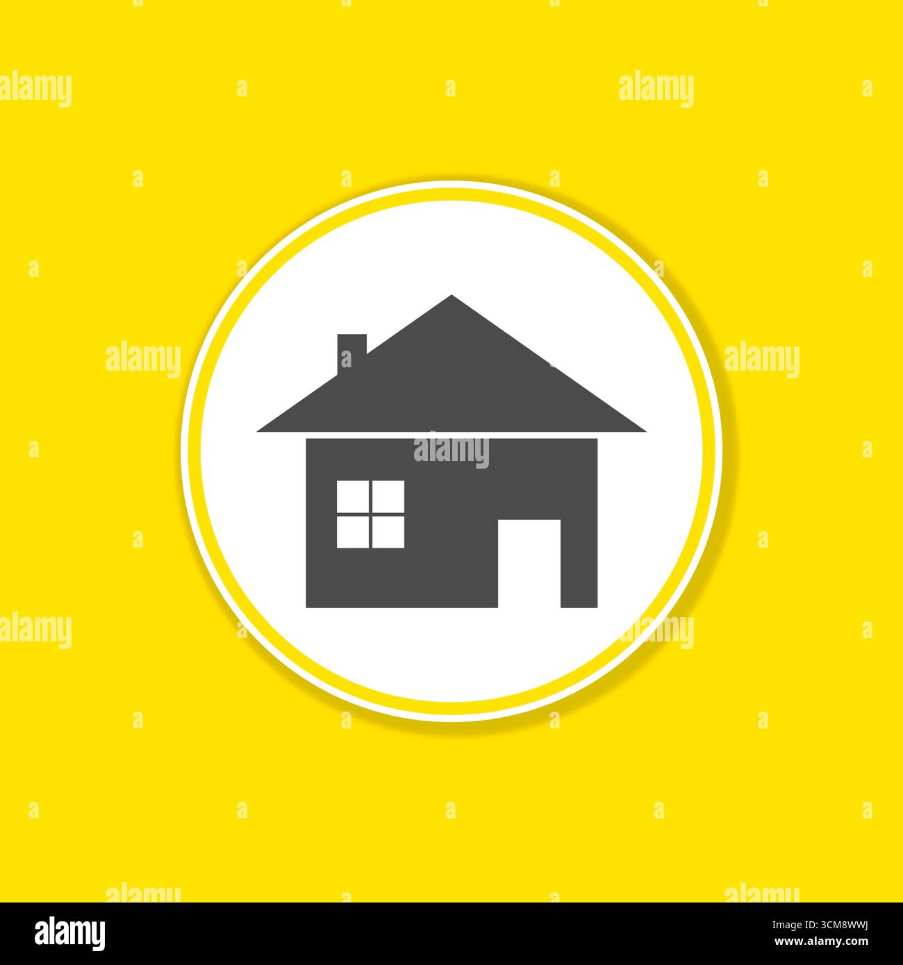 Gelbes Hintergrundbanner mit Haussymbol im weißen Kreis als Zeichen für Immobilien, Häuser, Haus oder Ferienhaus Stockfoto