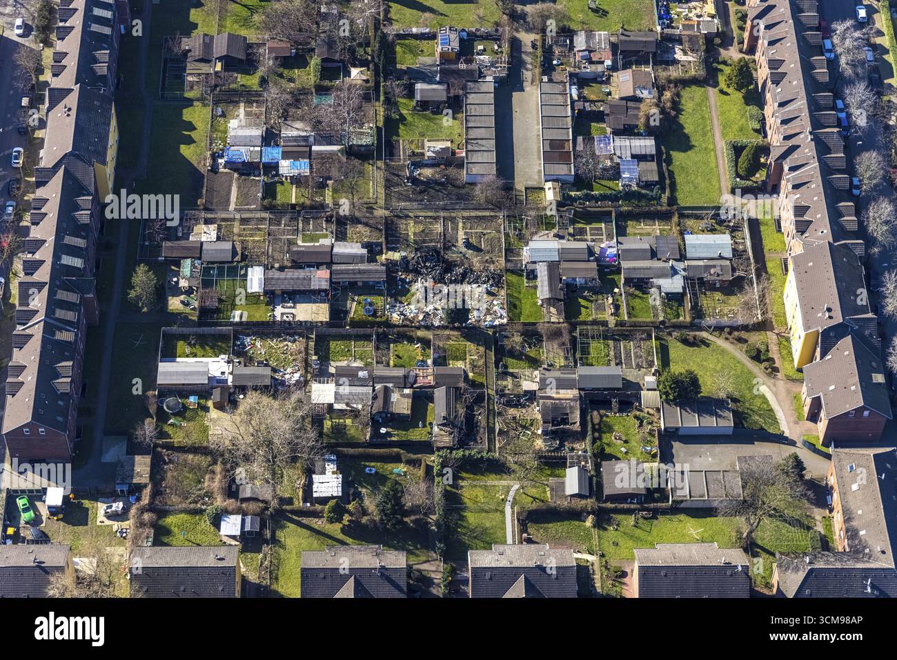 Luftansicht, Duisburger Jupp Kolonie, Arbeitersiedlung mit Reihenhäusern, Steigerstraße, Stollenstraße, Glueckaufstraße, Kliengarten abgerissen Stockfoto