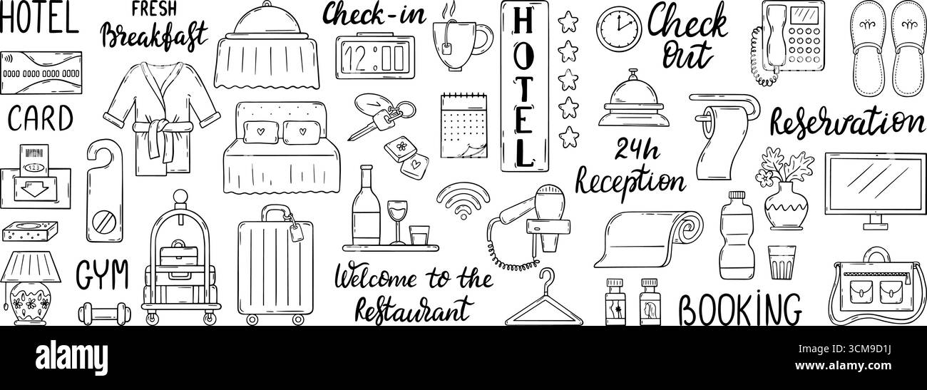 Kritzelnde Hotelbeschriftungen. Motelausstattung, Innenausstattung. Badezimmer, Schlafzimmer, Toilettenpapier, Hausschuhe, Schlüssel. Hostel neoterische Vektor-Symbole Origi Stock Vektor