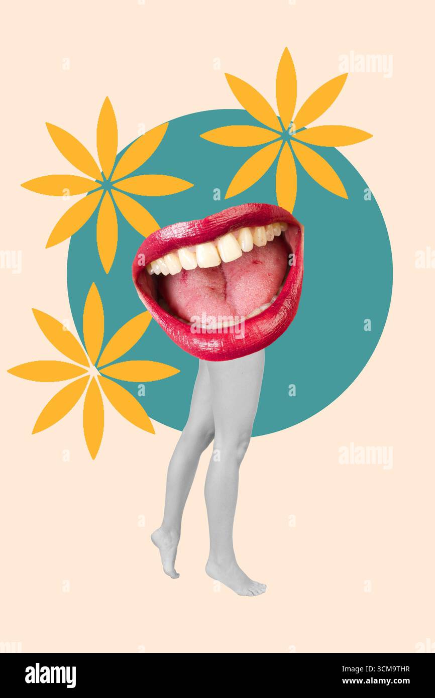 Collage von Frauenbeinen und einer Frau, die den Mund öffnen, auf einem grünen Kreis und auf rosa Hintergrund mit gelben Blumen Stockfoto
