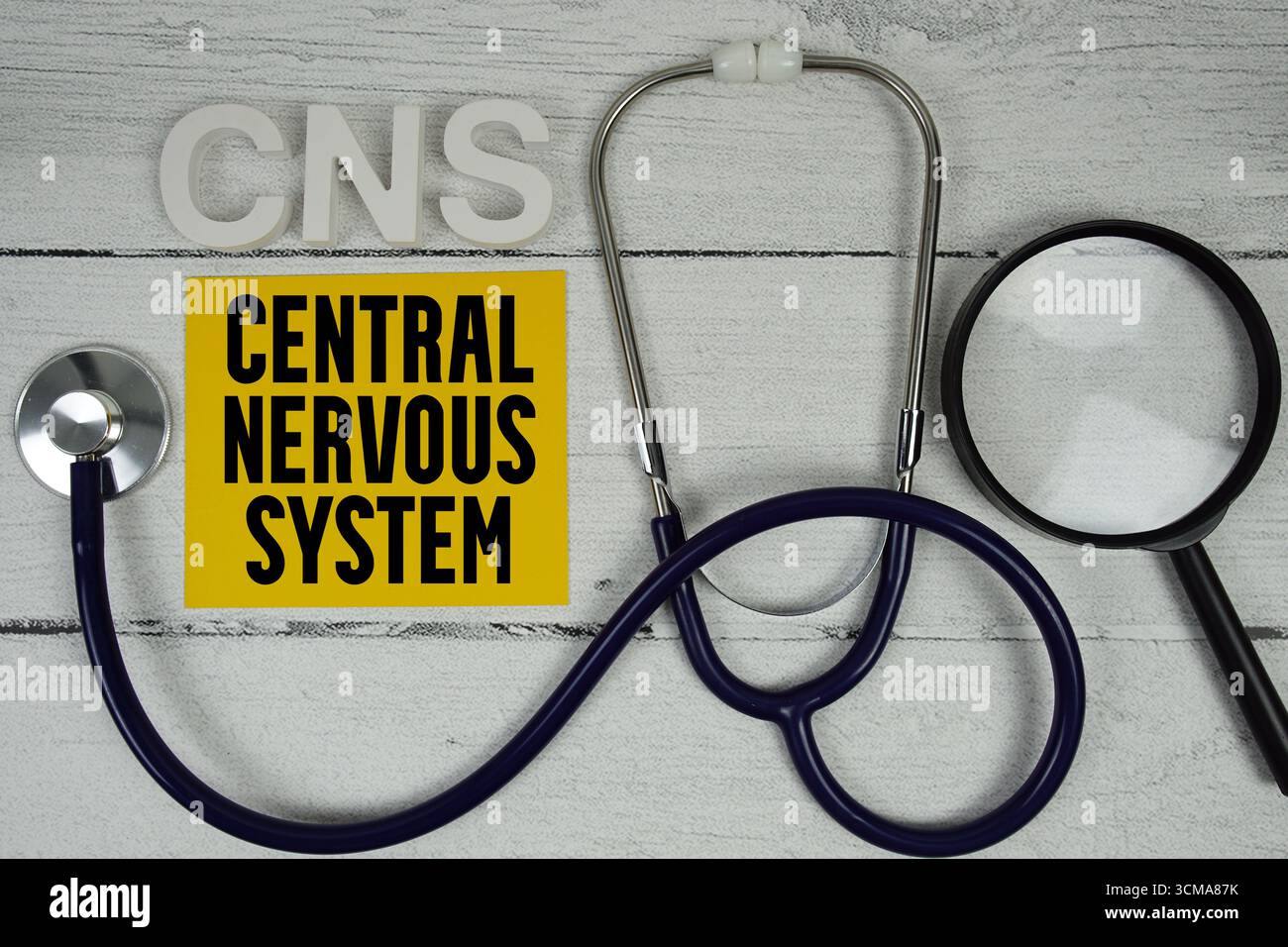 ZNS-Text mit Stethoskop auf hölzernem Hintergrund Stockfoto