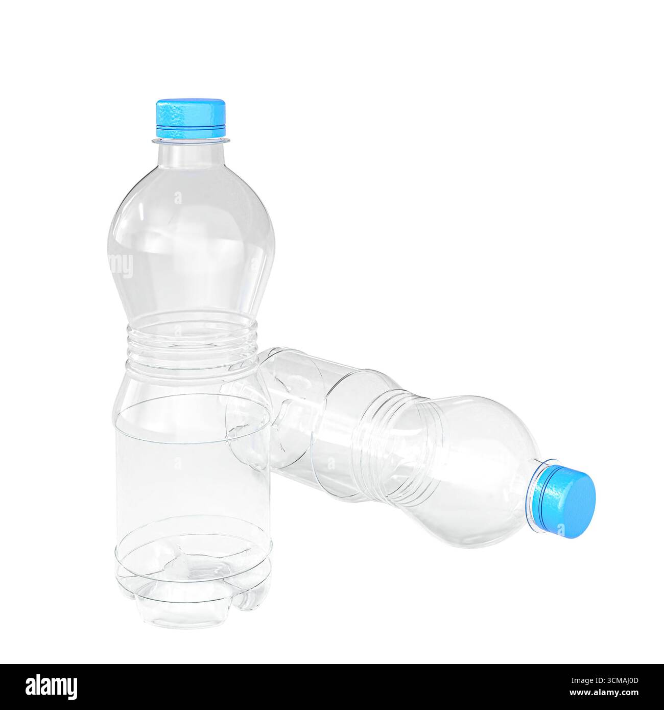 3D zwei Kunststoff-Wasserflaschen transparenter Hintergrund Stockfoto