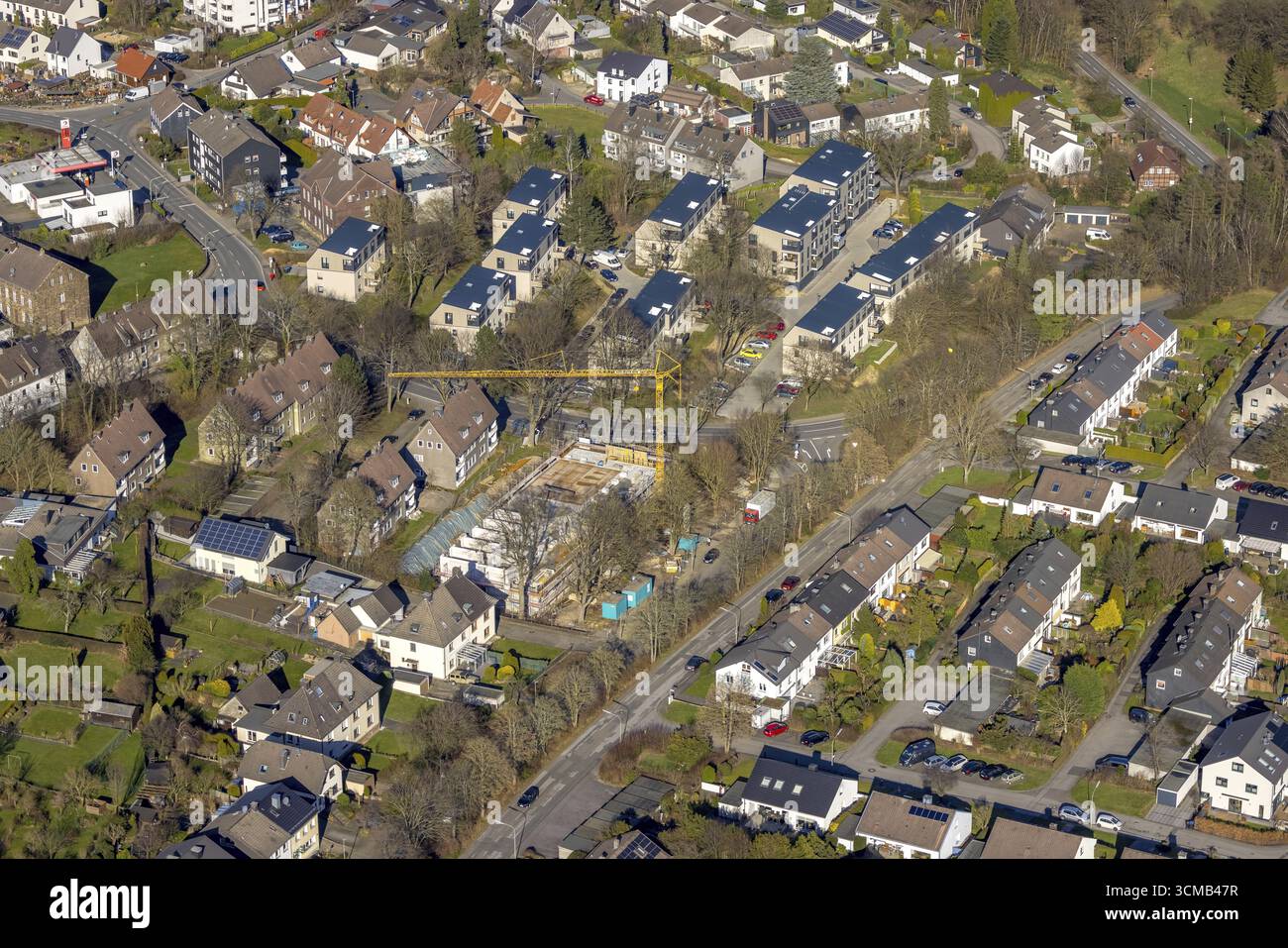 Luftaufnahme, Baustelle und Neubau an der Ecke Isenbergstraße und Burgaltendorferstraße im Stadtteil Niederleast in Hatti Stockfoto