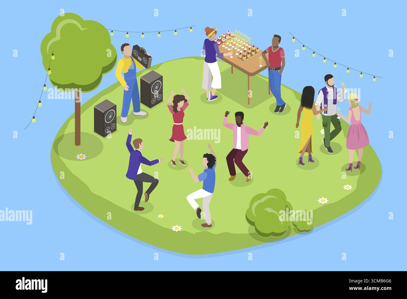 Isometrische flache 3D-Illustration von Park Fun Party, Outdoor Entertainment Stockfoto