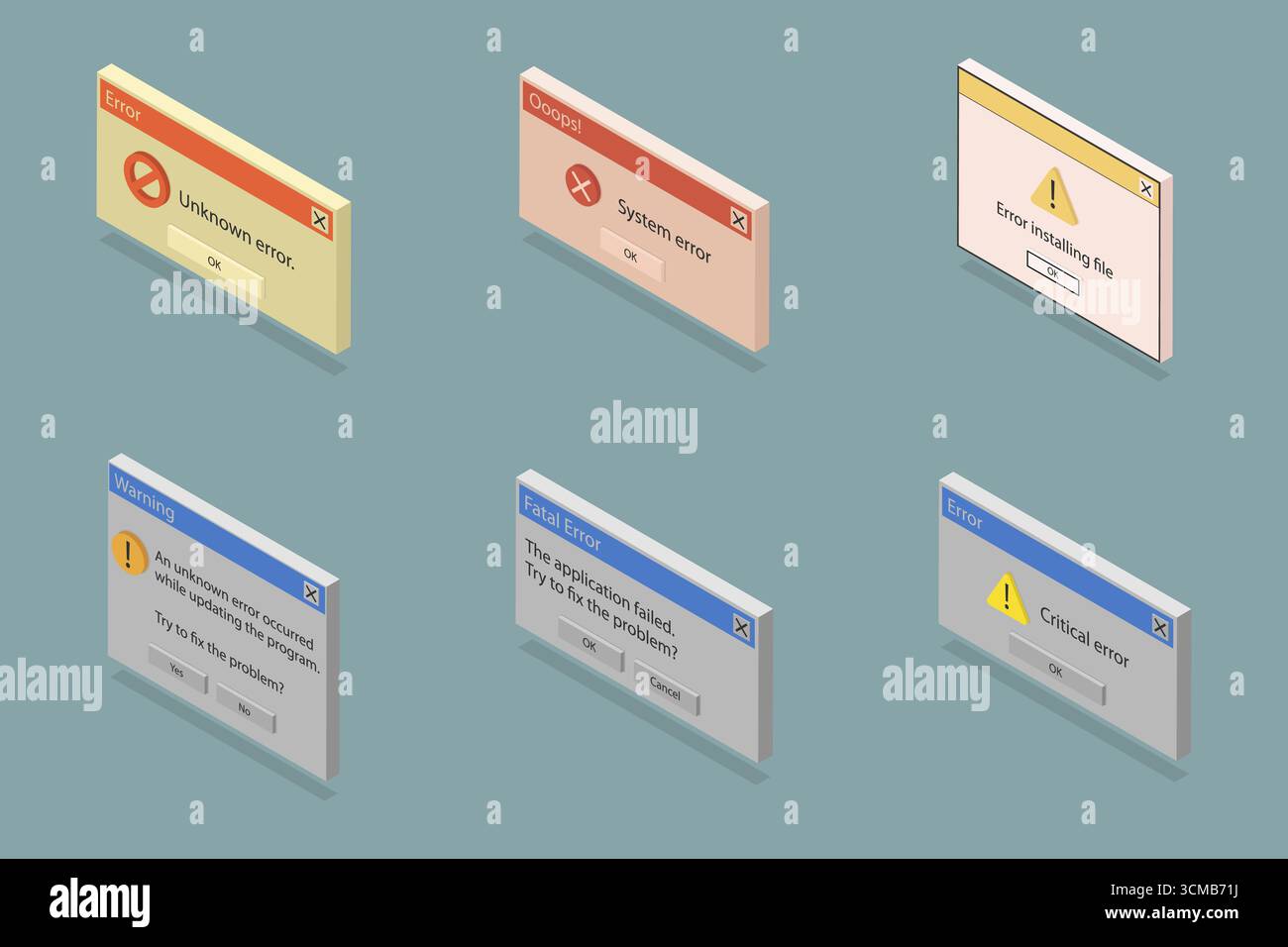 3D Isometrischer flacher Satz rückwirkender Fehlermeldungen, Rückblick auf die 90s-Schnittstelle. Eine nostalgische Retro-Benutzererfahrung Stockfoto