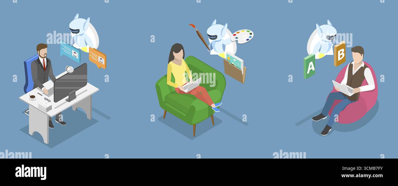 Isometrische flache 3D-Illustration von künstlicher Intelligenz, KI Erstellen von Texten, Bildern und Videos Stockfoto