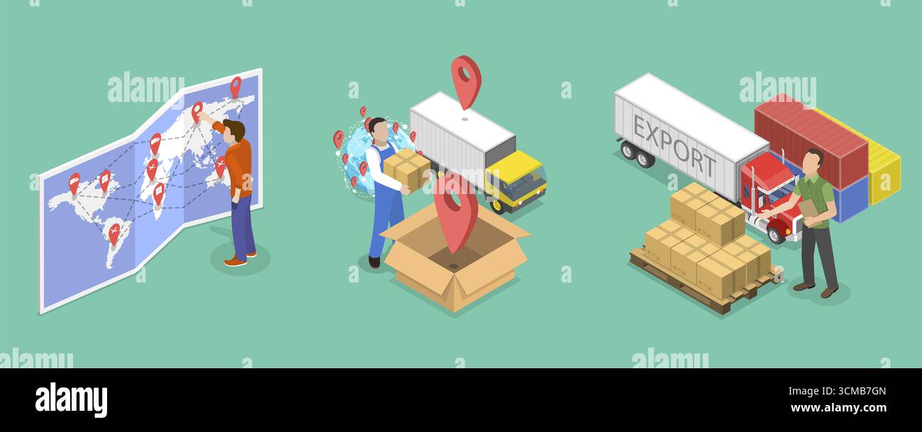 Isometrische 3D-Illustration von Smart Logistics Technologies, Supply Chain Management Stockfoto