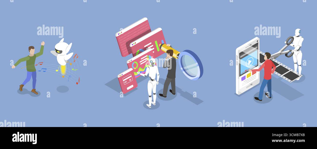 Isometrische 3D-Illustration des Assistenten für künstliche Intelligenz, Technologien für verbesserte Effizienz und Innovation Stockfoto