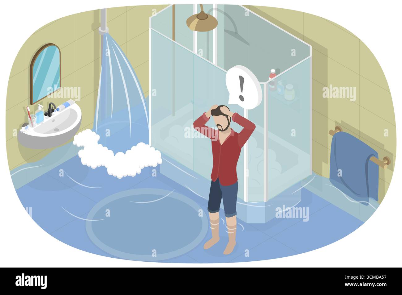 3D Isometrische flache Illustration von Bad Flut, Unfall und Katastrophe zu Hause Stockfoto