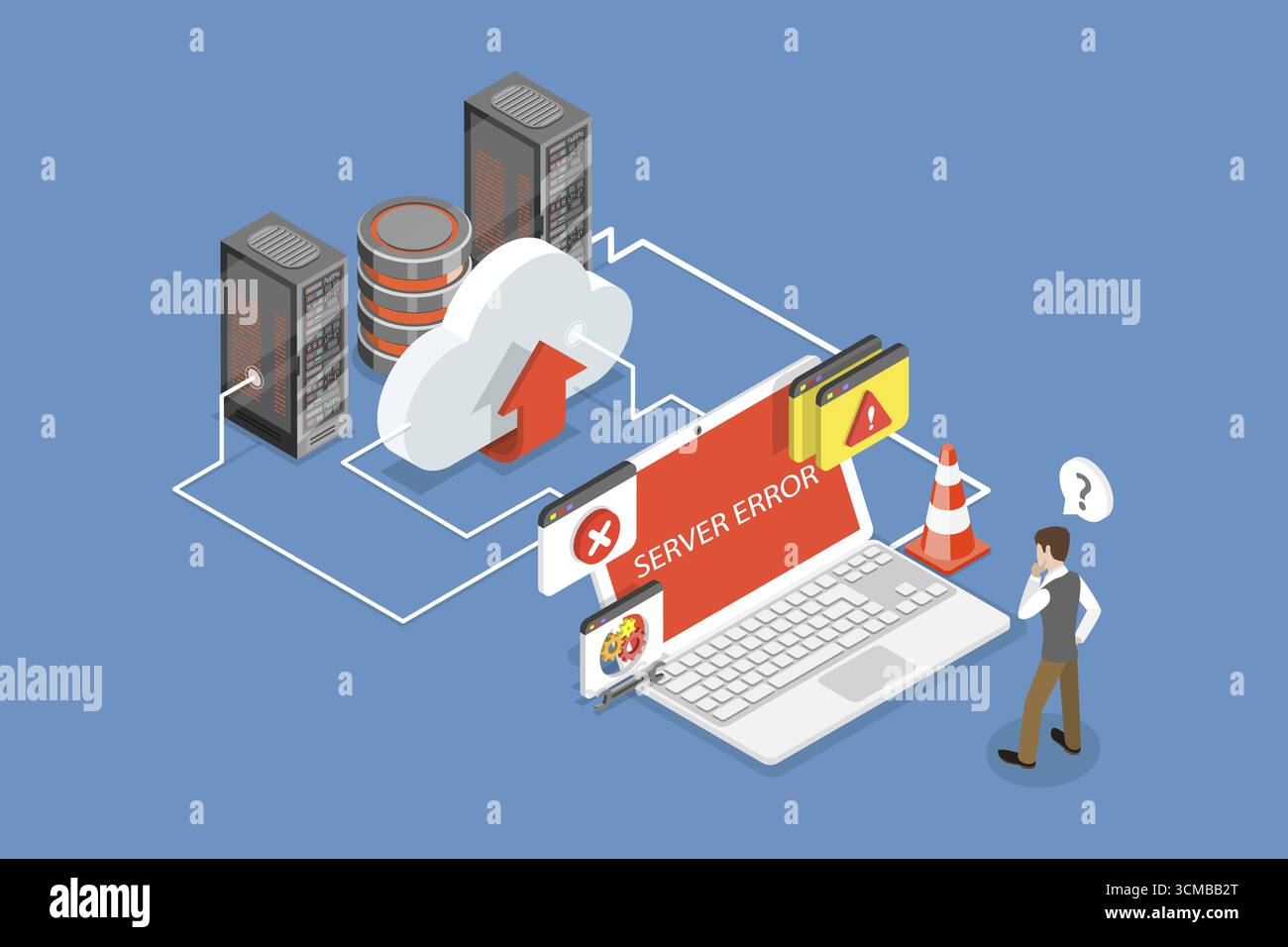 3D Isometrische flache Darstellung von Serverfehler, Systemfehler Stockfoto