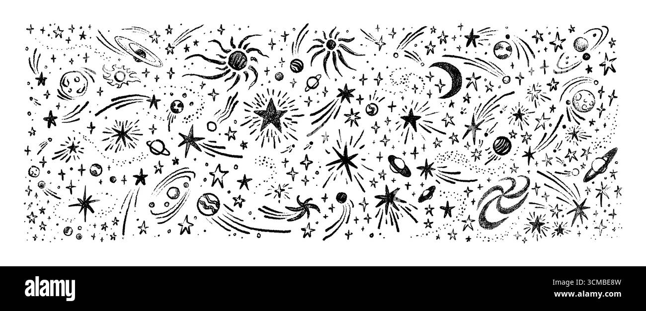 Hand gezeichneter Grunge Bleistift Raum Hintergrund. Zeilenstift Handschrift. Mond, Sonne, Erde, Saturnplaneten, Sternschnuppen, Meteor, Sternhaufen, Kometen, A Stock Vektor