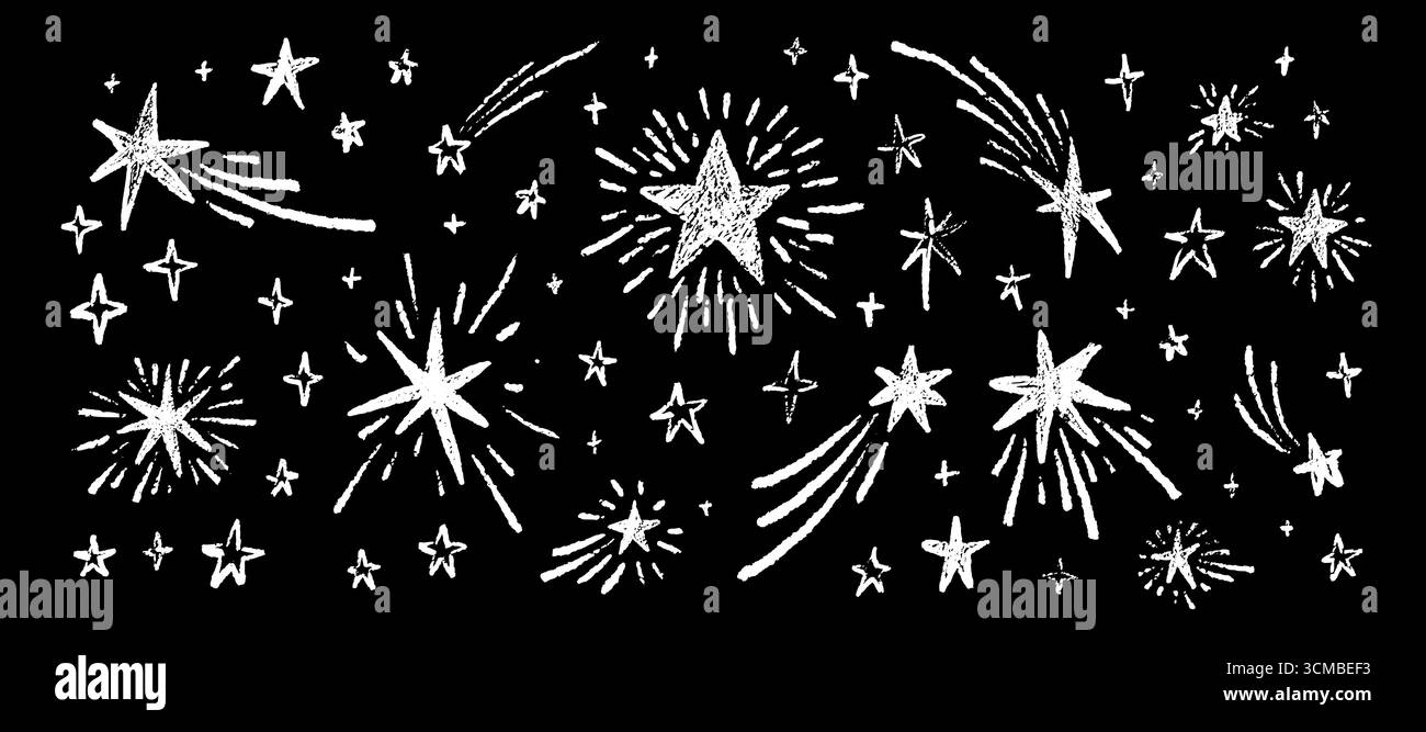 Handgezeichneter Buntstift Stern, blinkend, glänzend, funkelnder Hintergrund. Sternschnuppen und Kometen auf der Tafel. Pastellskizzen. Stock Vektor
