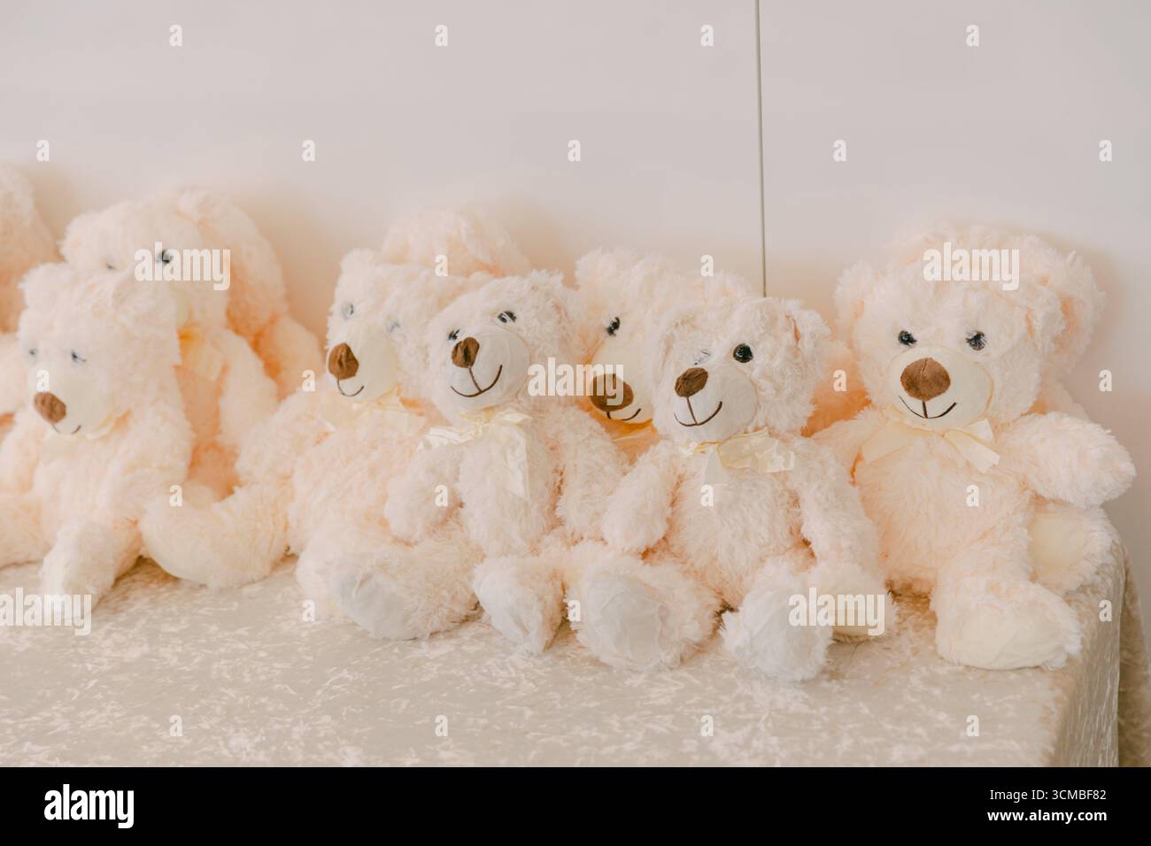 Eine Reihe Plüschteddybären mit weichem Pelz und freundlichem Lächeln, perfekt für ein Treffen oder eine Dekoration für Kinder. Stockfoto