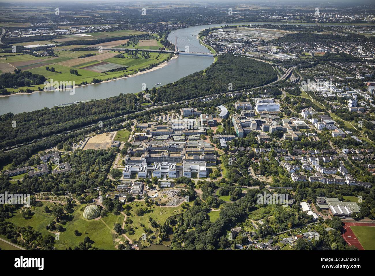 Luftaufnahme, Heinrich-Heine-Universität und Fleher-Wald am Rhein im Bezirk Bilk in Düsseldorf, Rheinland, Nordrhein-Westfalen Stockfoto