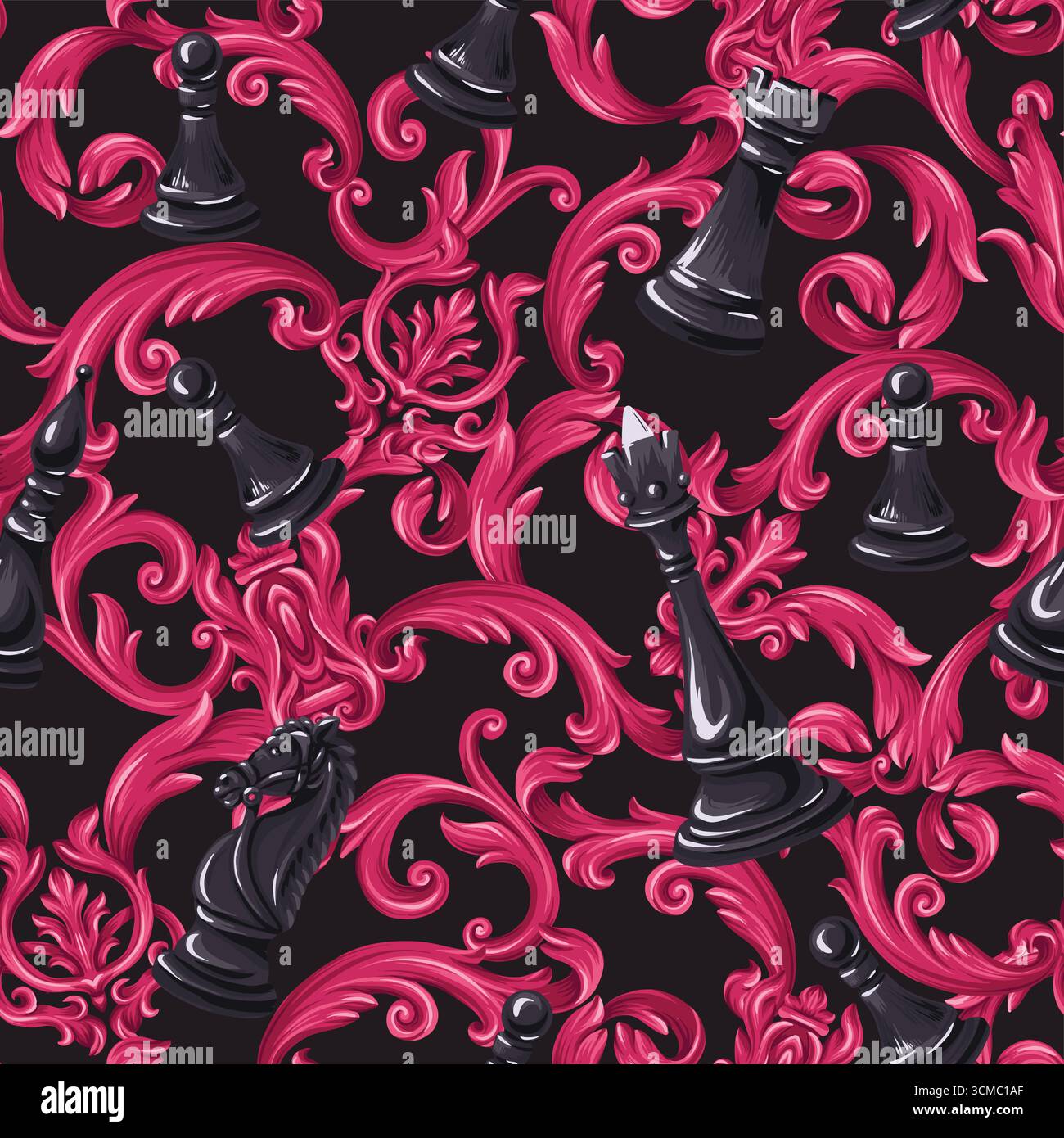Elegantes, nahtloses Schach-barocco-Muster mit luxuriösem goldenem Ornament und schwarzem Design Stock Vektor