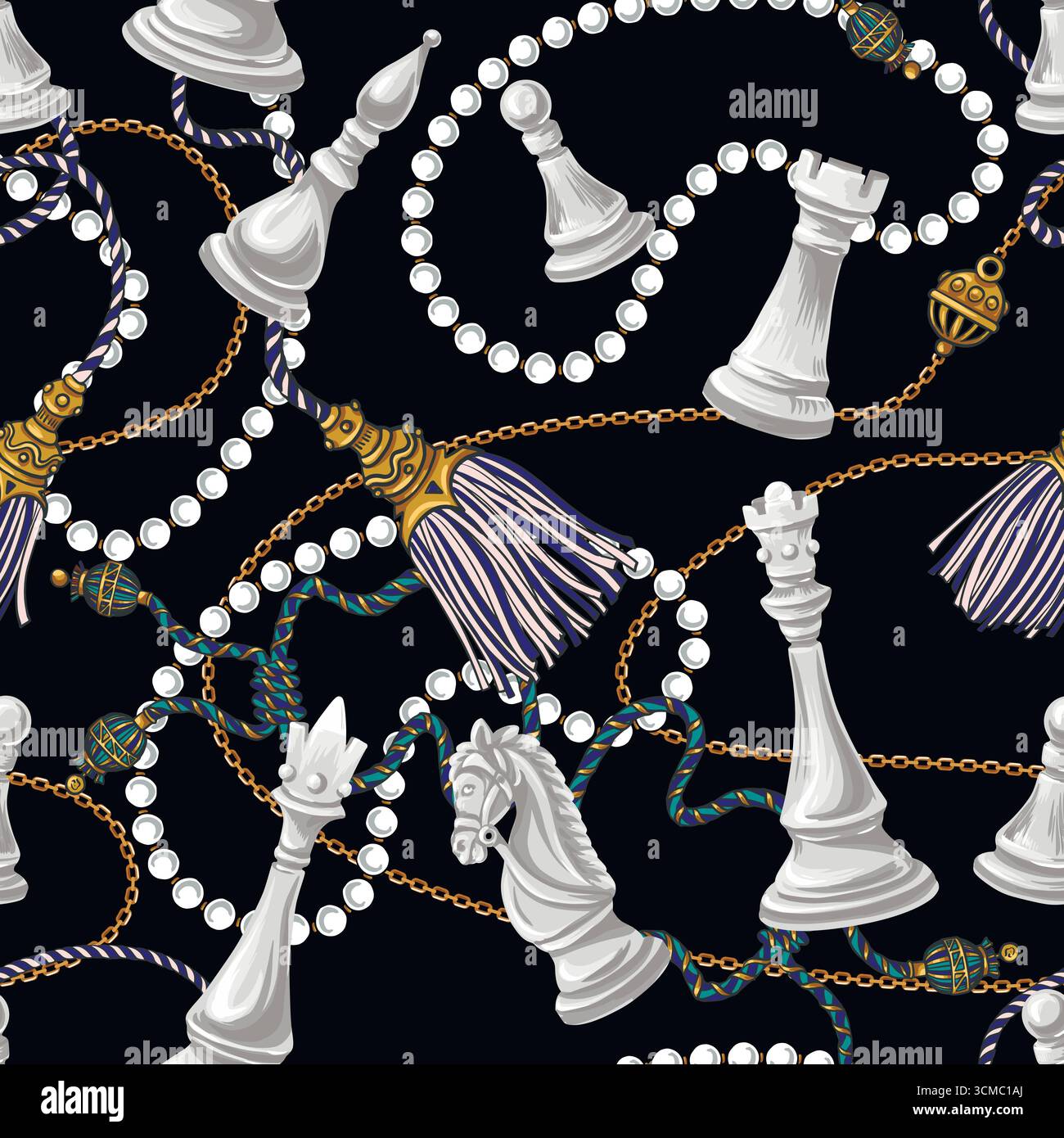 Elegantes Nahtloses Schachmotiv Vektormuster Mit Schwarzen Schachstücken Mit Perlenbesetzten Quasten Stock Vektor