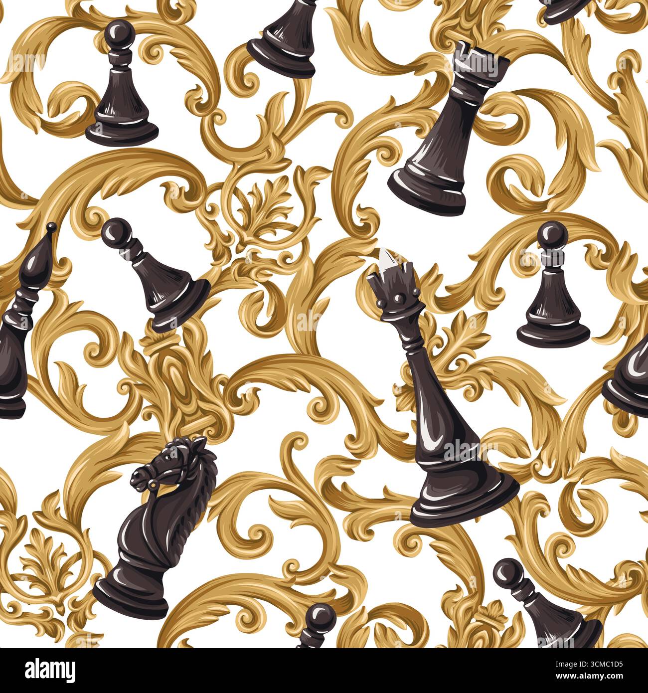 Elegantes, nahtloses Schach-barocco-Muster mit luxuriösem goldenem Ornament und schwarzem Design Stock Vektor