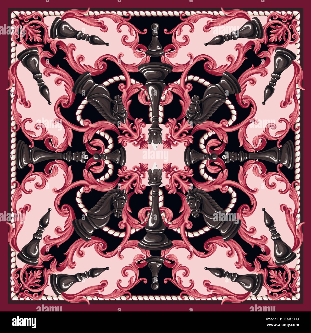 Luxuriöses Schach-barocco-Schals mit schwarzen Stücken und blauen Blumenelementen Stock Vektor