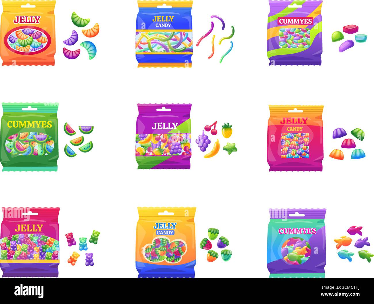 Gummigummis, Süßigkeiten, Packungen. Gelee Bonbons in lebendigen Plastiktüten. Gummiartige verschiedene Formen Würmer Früchte Bären Beeren Fische. Süßer Snack, heute Vektor-Clipart Stock Vektor