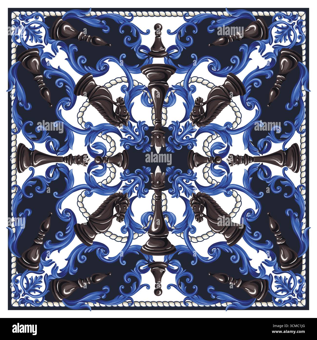 Luxuriöses Schach-barocco-Schals mit schwarzen Stücken und blauen Blumenelementen Stock Vektor