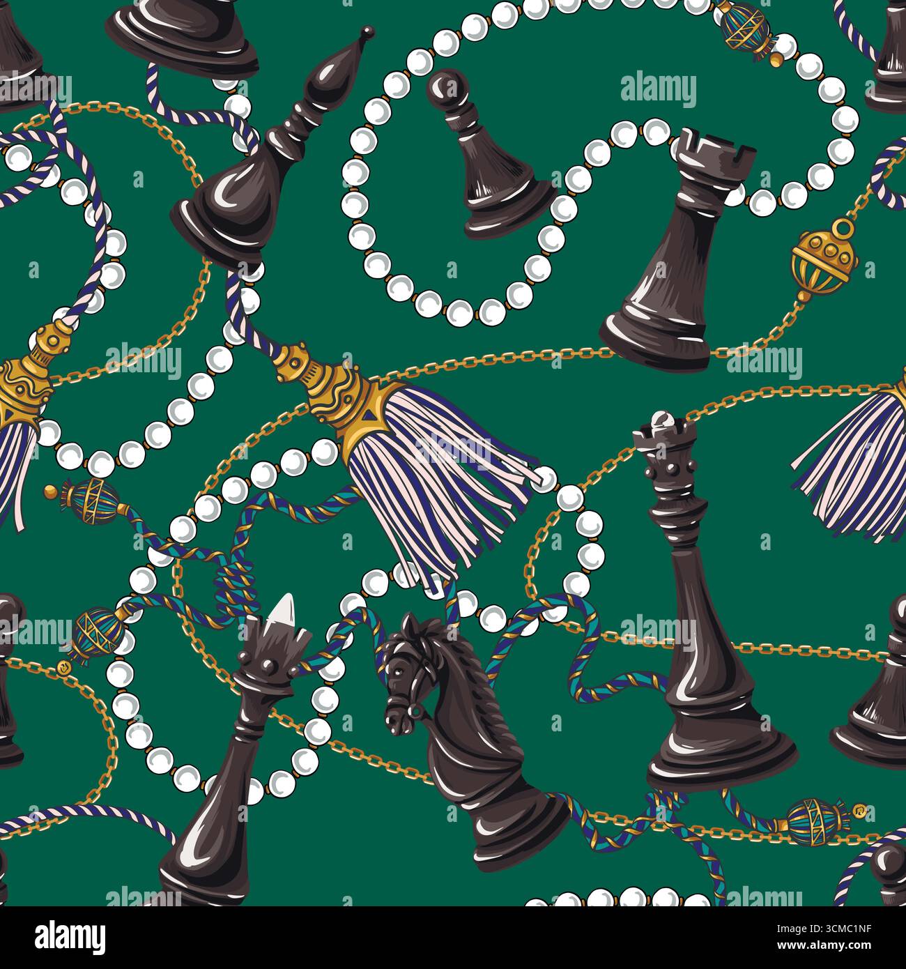 Elegantes Nahtloses Schachmotiv Vektormuster Mit Schwarzen Schachstücken Mit Perlenbesetzten Quasten Stock Vektor