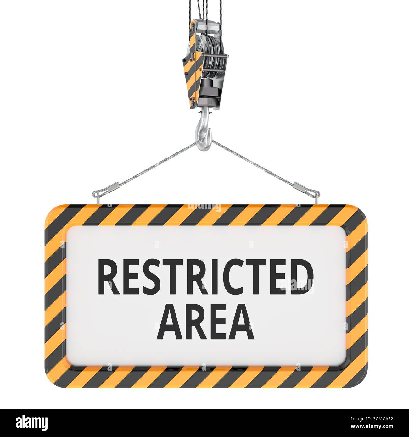 Schild mit eingeschränktem Bereich, das am Kranhaken hängt. 3D-Rendering isoliert auf weißem Hintergrund Stockfoto