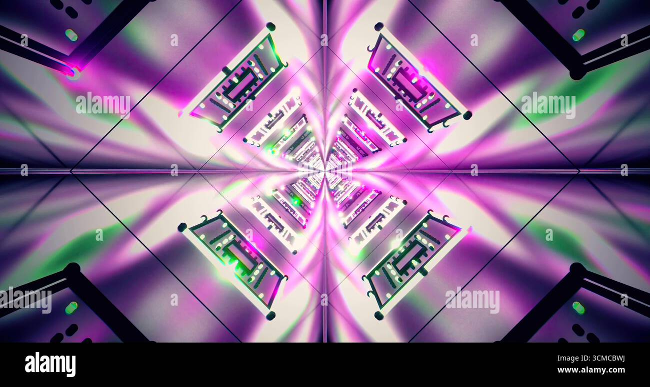 Das farbenfrohe Tunneldesign besticht durch schwindelerregende Muster in violetten, grünen und blauen Lichtern. Symmetrische Formen schaffen eine surreale, digitale Umgebung, die sich anfühlt Stockfoto