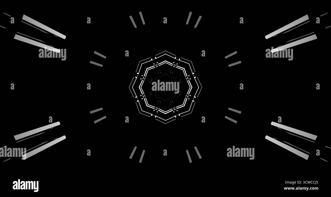 Schwarzer Hintergrund weist komplizierte Lichtmuster auf, die ein symmetrisches Design bilden. Linien und Formen konvergieren zu einem zentralen Punkt und schaffen so eine fesselnde Note Stockfoto