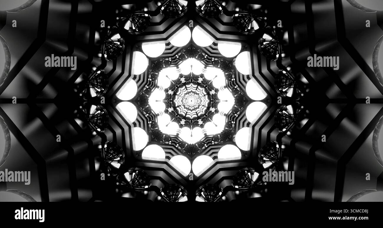 Das Design zeichnet sich durch ein komplexes geometrisches Schwarz-weiß-Muster aus, das das Auge in seine hypnotischen Kreisformationen zieht. Die scharfen Kontraste sind besonders hervorzuheben Stockfoto