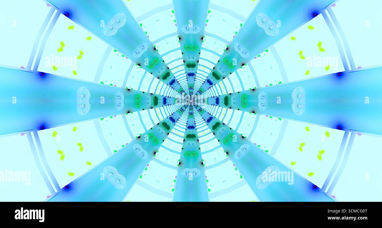 Wirbelnde Farben bilden einen lebendigen Tunnel aus Licht und Formen. Die Blau- und Grüntöne erzeugen ein faszinierendes geometrisches Muster, das ein Bewegungsgefühl hervorruft Stockfoto