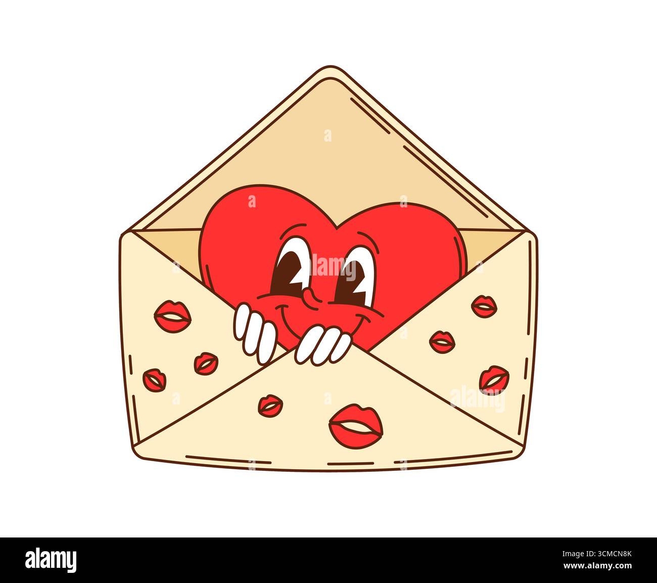 Cartoon-groovige Herz-valentinstag-Figur, die aus dem Papierumschlag mit Küssspuren ragt. Isolierte Vektor Retro Vintage Urlaub Brief Person Erfahrung Freude und Zuneigung, romantische Nachricht Stock Vektor