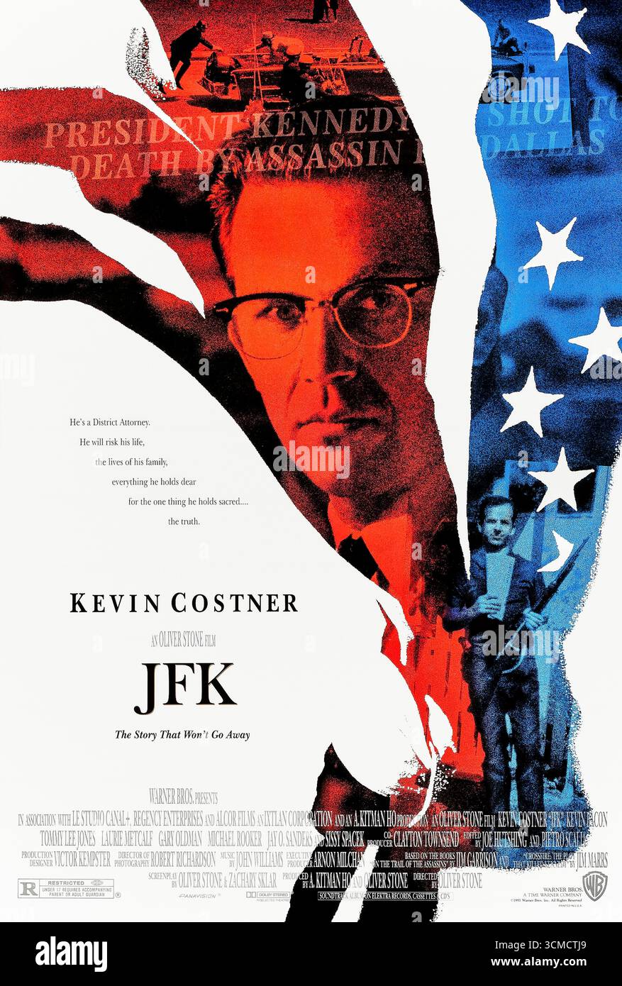 JFK (1991) von Oliver Stone mit Kevin Costner, Gary Oldman und Tommy Lee Jones. Ein politischer Thriller, der die Ermordung von Präsident John F. Kennedy und die Verschwörungstheorien untersucht, die ihn weiterhin umgeben. Foto eines Original-Posters aus dem Jahr 1991 (USA), das NUR FÜR REDAKTIONELLE ZWECKE VERWENDET WIRD. Quelle: BFA / Warner Bros Stockfoto