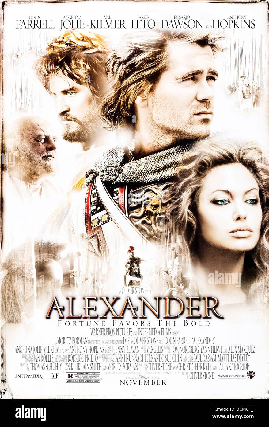 Alexander (2004) unter der Regie von Oliver Stone mit Colin Farrell, Angelina Jolie und Val Kilmer in den Hauptrollen. Ein spannendes Epos, das den Aufstieg, die Eroberungen und die persönlichen Kämpfe Alexanders des Großen dokumentiert. Foto eines Original-Posters aus dem Jahr 2004 (USA), das NUR FÜR REDAKTIONELLE ZWECKE VERWENDET WIRD. Quelle: BFA / Warner Bros Stockfoto