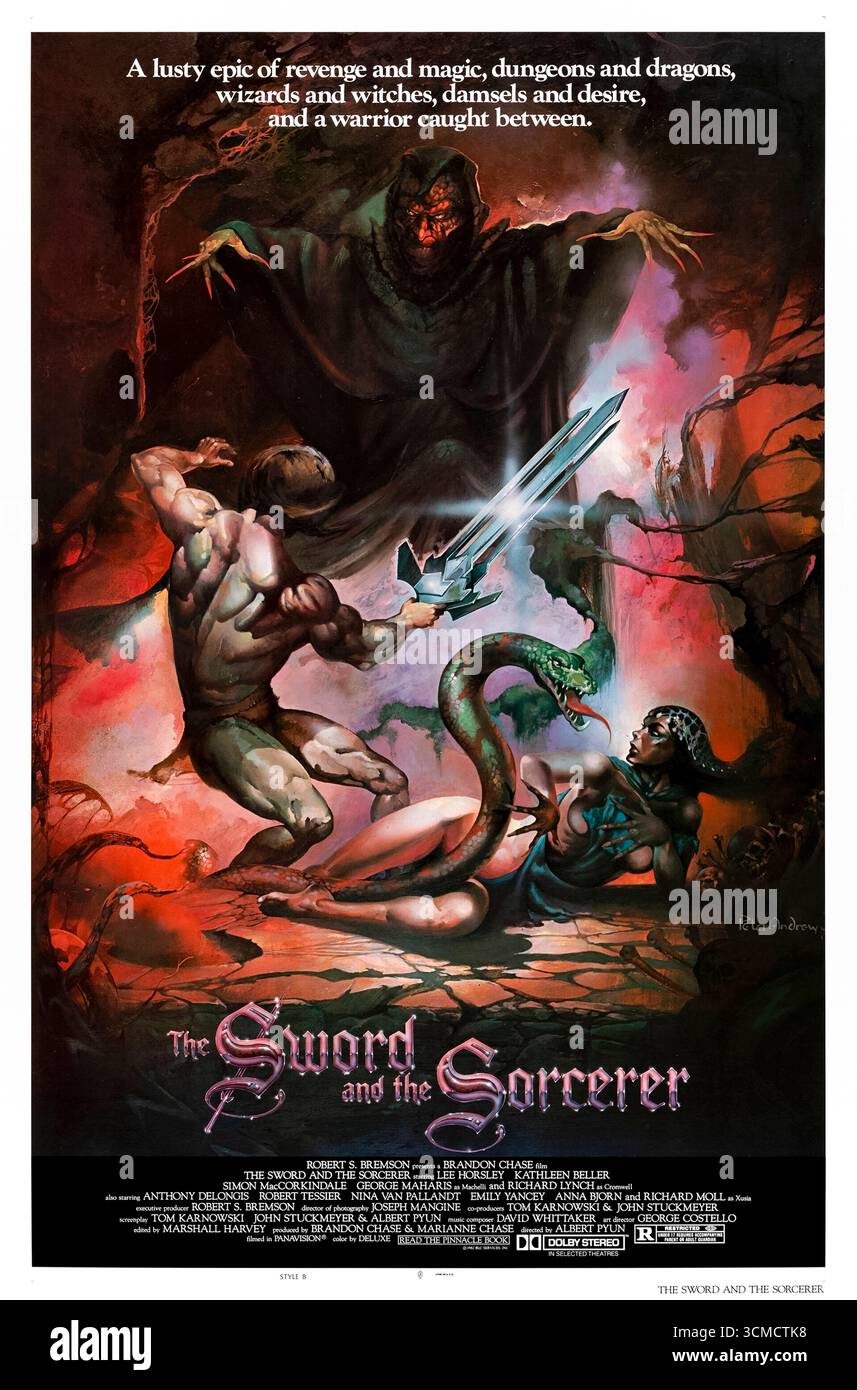 Das Schwert und der Zauberer (1982) unter der Regie von Albert Pyun mit Lee Horsley, Kathleen Beller und Richard Lynch. Ein kultiges Fantasy-Abenteuer über einen Söldner, der mit einem Dreiklingen-Schwert gegen einen bösen Tyrannen und einen dunklen Zauberer kämpft, um ein Königreich wiederherzustellen. Foto eines Original-Posters aus dem Jahr 1982 mit einem Blatt, das NUR ZUR REDAKTIONELLEN VERWENDUNG VON Peter Andrew Jones DIENT. Quelle: BFA / Group 1 International Distribution Organization Stockfoto