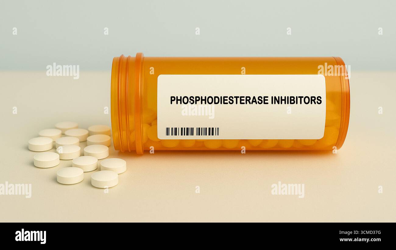 Box mit PHOSPHODIESTERASE-INHIBITOREN Tabletten auf einem Krankenhausapothekentisch verwendet, um erektile Dysfunktion und pulmonale Hypertonie Vasodilatatoren zu behandeln. Stockfoto