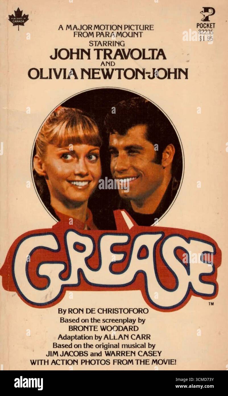 1978 das Cover der Novelisierung des Musikfilms Grease, geschrieben von Ron de Christoforo. Stockfoto