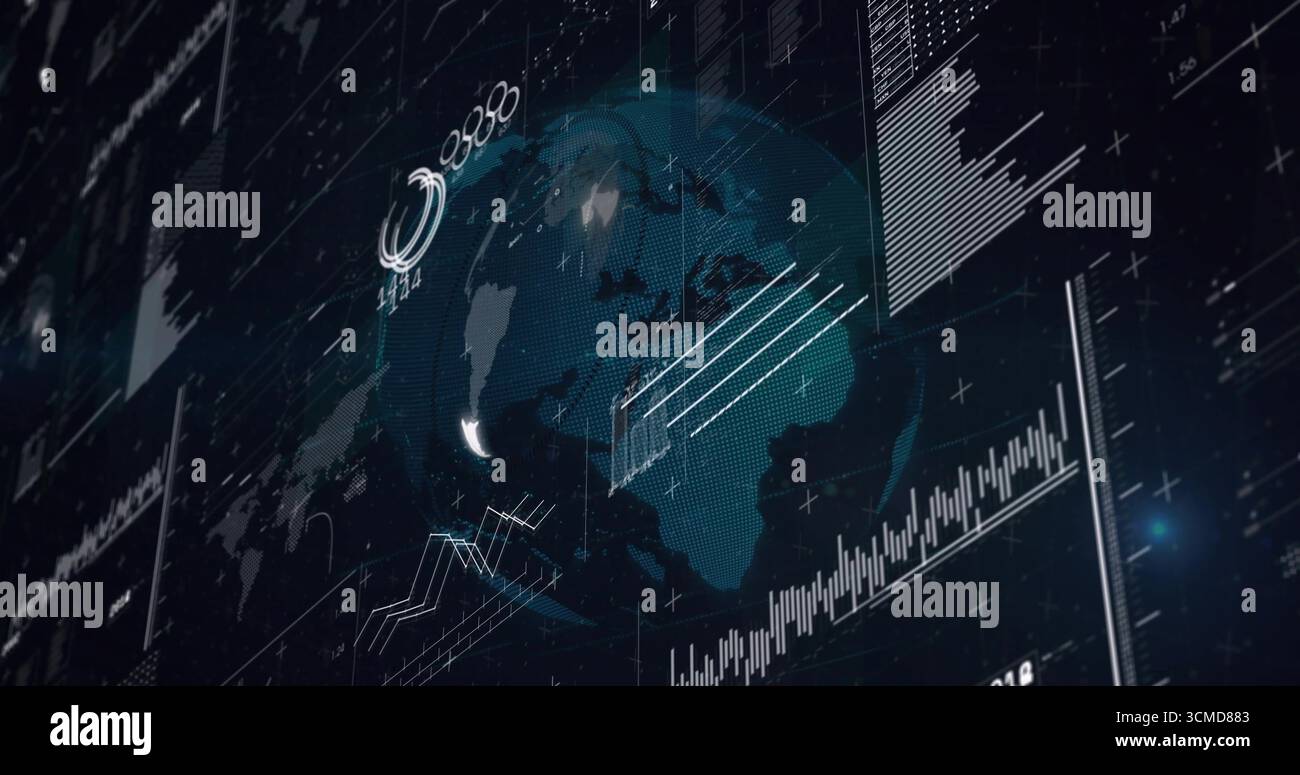 Anzeigen des rotierenden Globus in der Mitte der Datenanzeige, Überlagerung von Liniendiagrammen, Balkendiagrammen und Anzeigen Stockfoto
