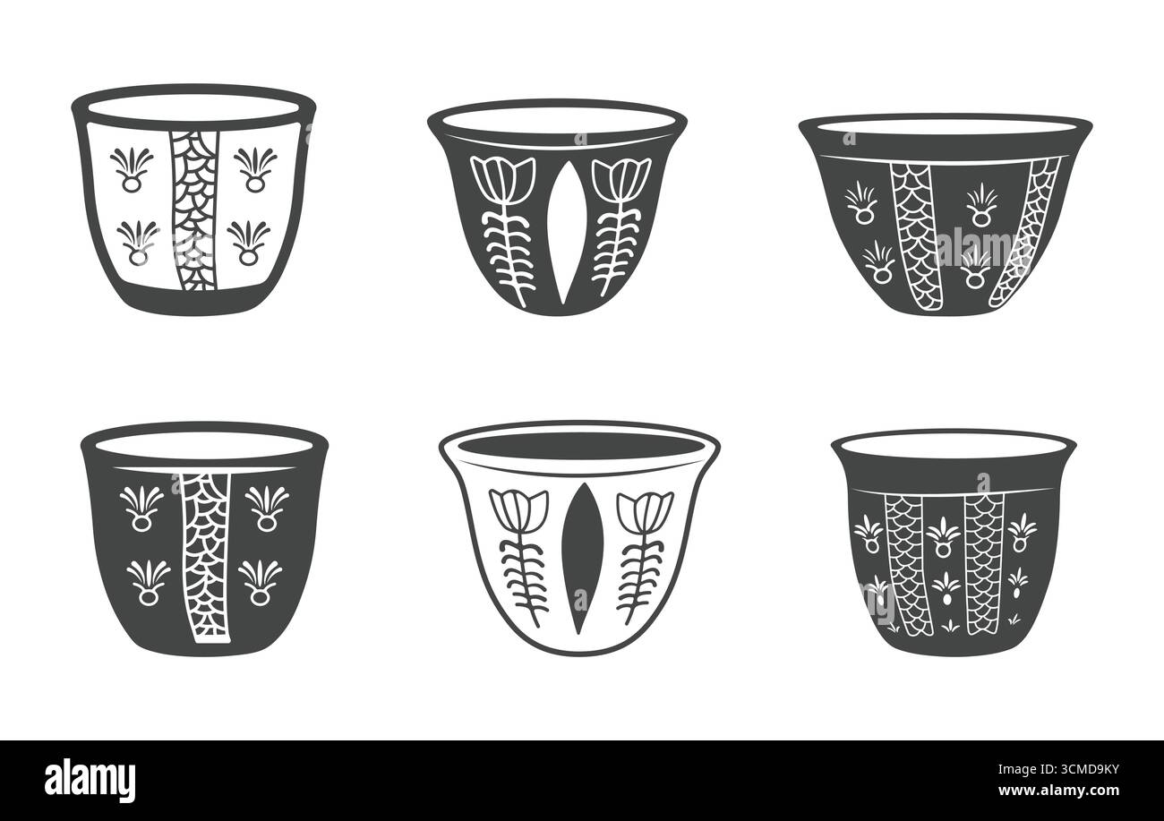 Arabische Kaffeetassen svg, Arabische Kaffeetassen Silhouette, traditionelle Kaffeetasse svg, Arabische Kaffeetasse Vektor, traditionelle libanesische Kaffeetassen Vektor. Stock Vektor