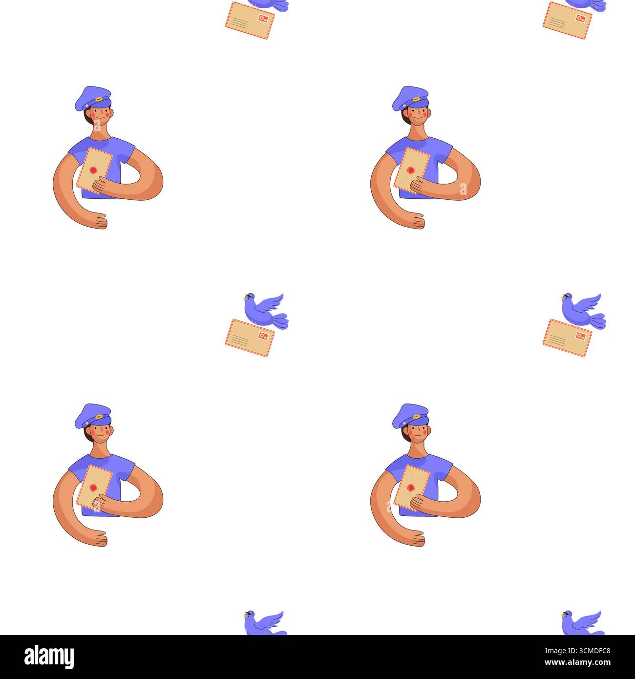 Eine Lieferperson mit starken Armen hält einen Brief und einen Vogel auf einem weißen Hintergrund Stock Vektor