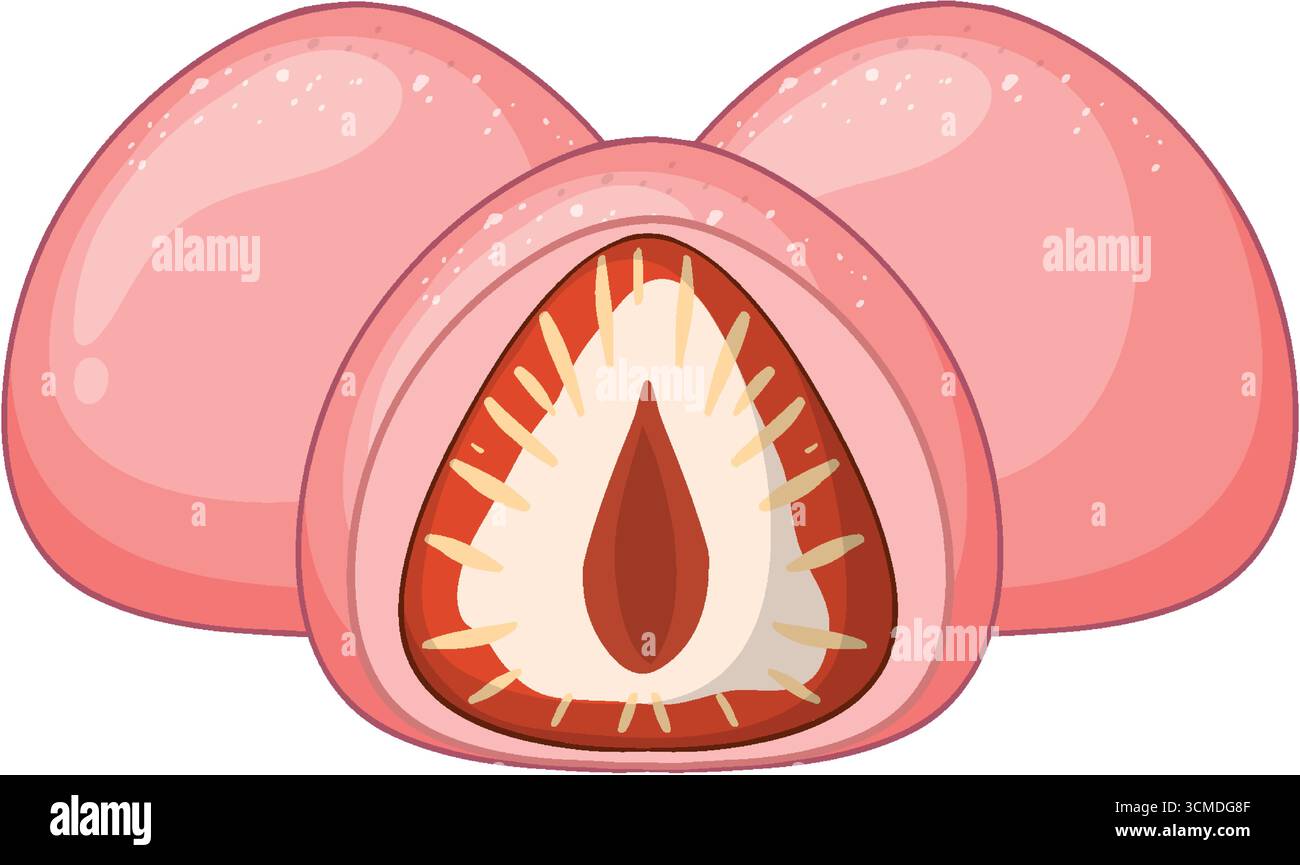 Drei rosafarbene Mochi-Desserts mit detaillierter Füllung aus roten Bohnen, sanfter Schattierung und sauberen Vektorlinien Stock Vektor