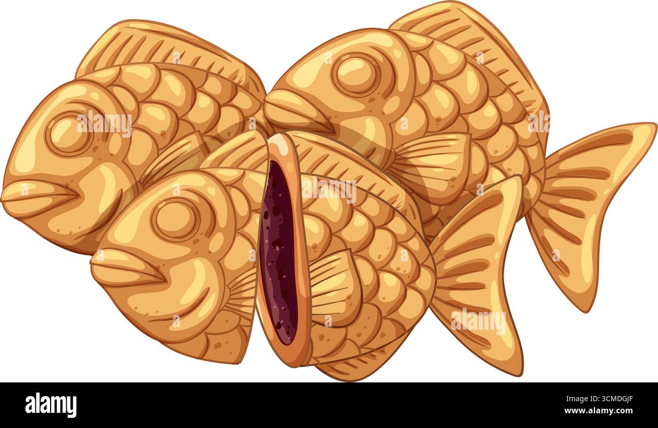 Goldenes taiyaki-Gebäck in Fischform mit detaillierter Textur, der Querschnitt zeigt süße rote Bohnenfüllung Stock Vektor
