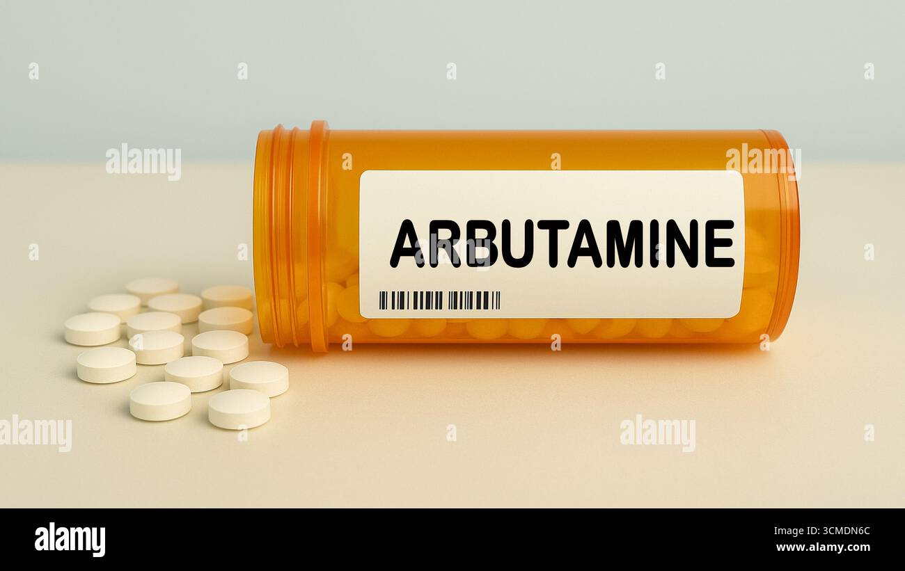 Karton mit ARBUTAMINE Tabletten auf einem Krankenhaus-Apothekentisch verwendet, um die Herzfunktion eines adrenergen Agonisten zu testen. Stockfoto
