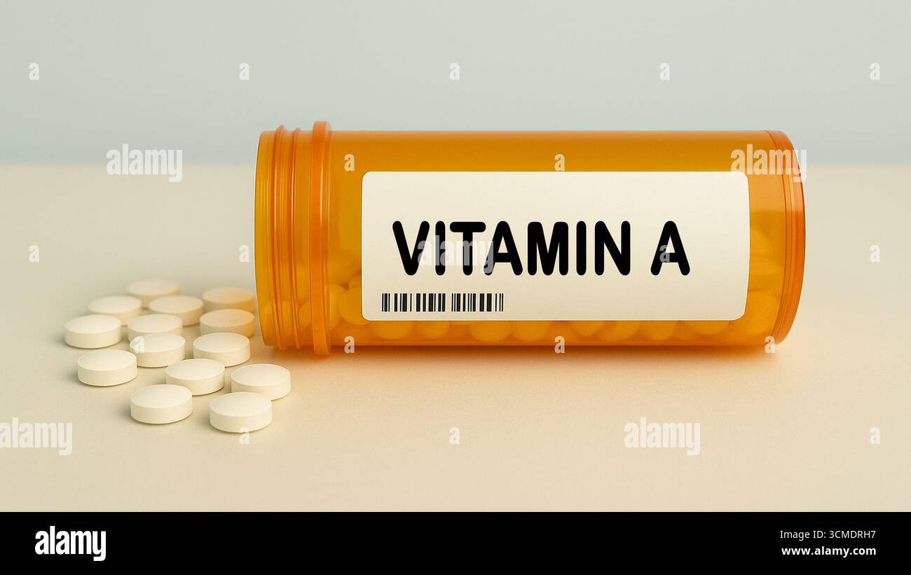 Box mit VITAMIN-A-Tabletten auf einem Krankenhausapothekentisch verwendet, um Vision und Immunität ein Vitaminergänzung zu unterstützen. Stockfoto