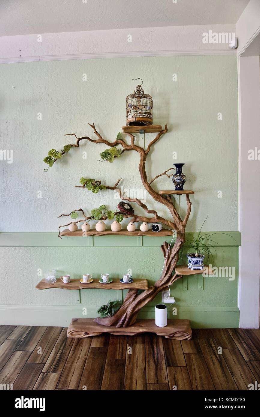 Dekorative Wandregale aus Holz mit Pflanzen und Wohnaccessoires Stockfoto