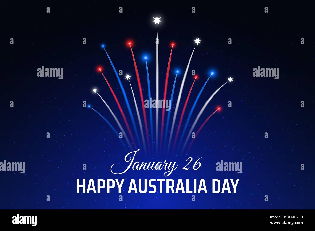 Australien Nationalfeiertag 26. januar, australisches farbenfrohes Feuerwerk auf dunklem Nachthimmel Hintergrund. Feuerwerk, Flagge. Frohe Feiertage 26. januar australien Stock Vektor