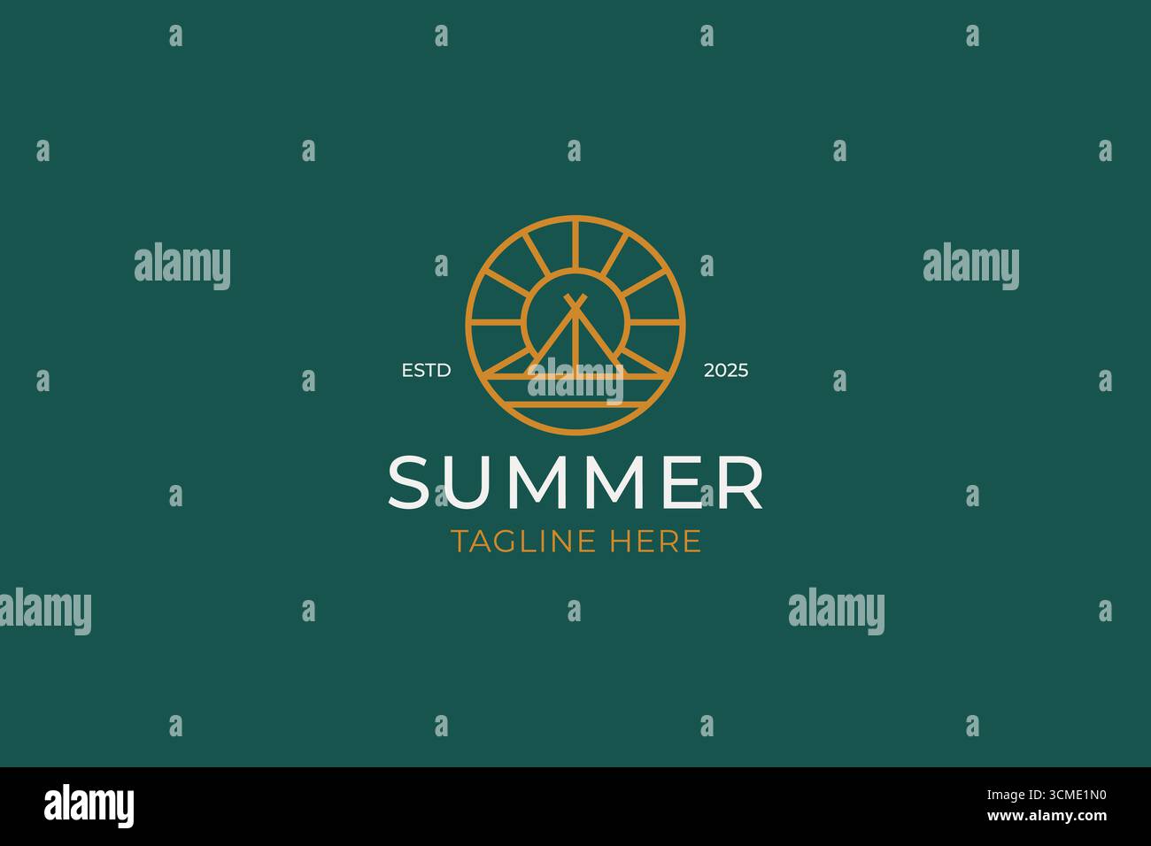 Logo-Abzeichen des Sommercamps mit Illustration abstraktes lineares Zelt und Sonnenaufgang Stock Vektor