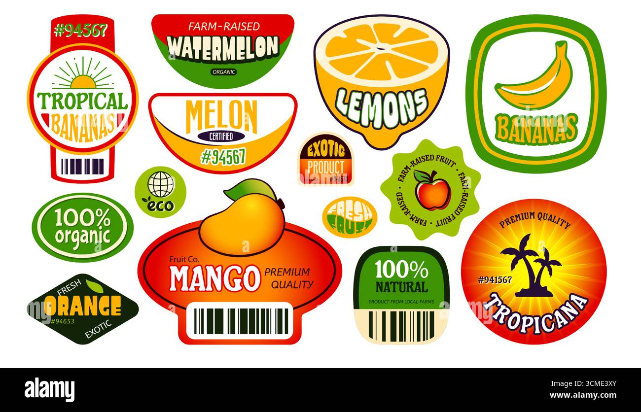 Retro-Farm-Obst-Aufkleber isoliert auf weißem Hintergrund. Vektor-Illustration von kreativen Farbetiketten für frische Wassermelone, Melone, Orange, Mango, Zitrone, Bananen, Lebensmittelqualitätsabzeichen, Marktmarken Stock Vektor