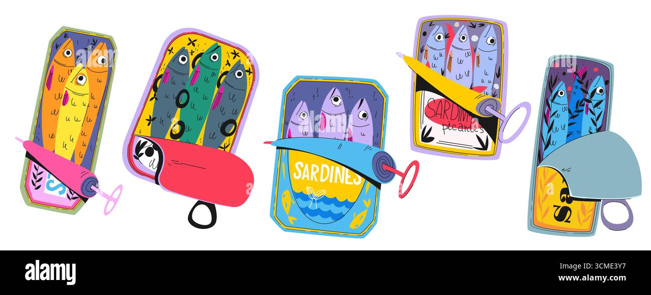 Retro-Set aus Sardinen-Dose mit bunten Fischdosen und Reißlaschen für Vintage-Lebensmittel. Zeichentrickfilme mit Meeresfrüchten in Dosen. Pop-Art-Lebensmittel für nostalgisches Branding oder Menügrafiken Stock Vektor