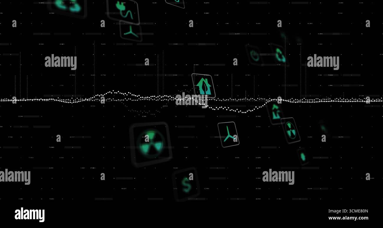 Anzeige der gepunkteten Signalform über dunkles Datenraster mit schwimmender Windturbine und Geldsymbolen Stockfoto