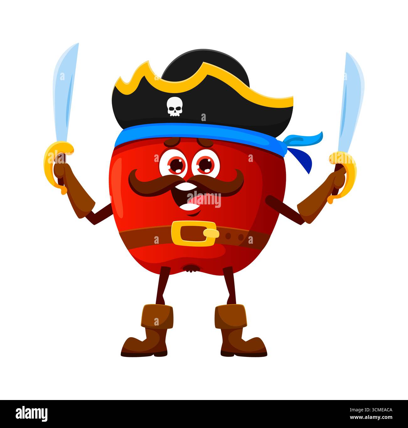 Zeichentrickfigur aus rotem Apfel und Korsair. Isolierte Vektor-Frucht-Persönlichkeit trägt Tricorn-Hut und Säbel, strahlt fruchtig schwindelnden Geist aus, segelt durch die Obstgärten Meere auf der Suche nach saftigen Schätzen Stock Vektor
